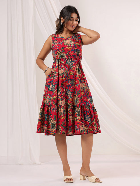 Janasya Women's Pink Pure Cotton Floral Printed Fit & Flare Dress